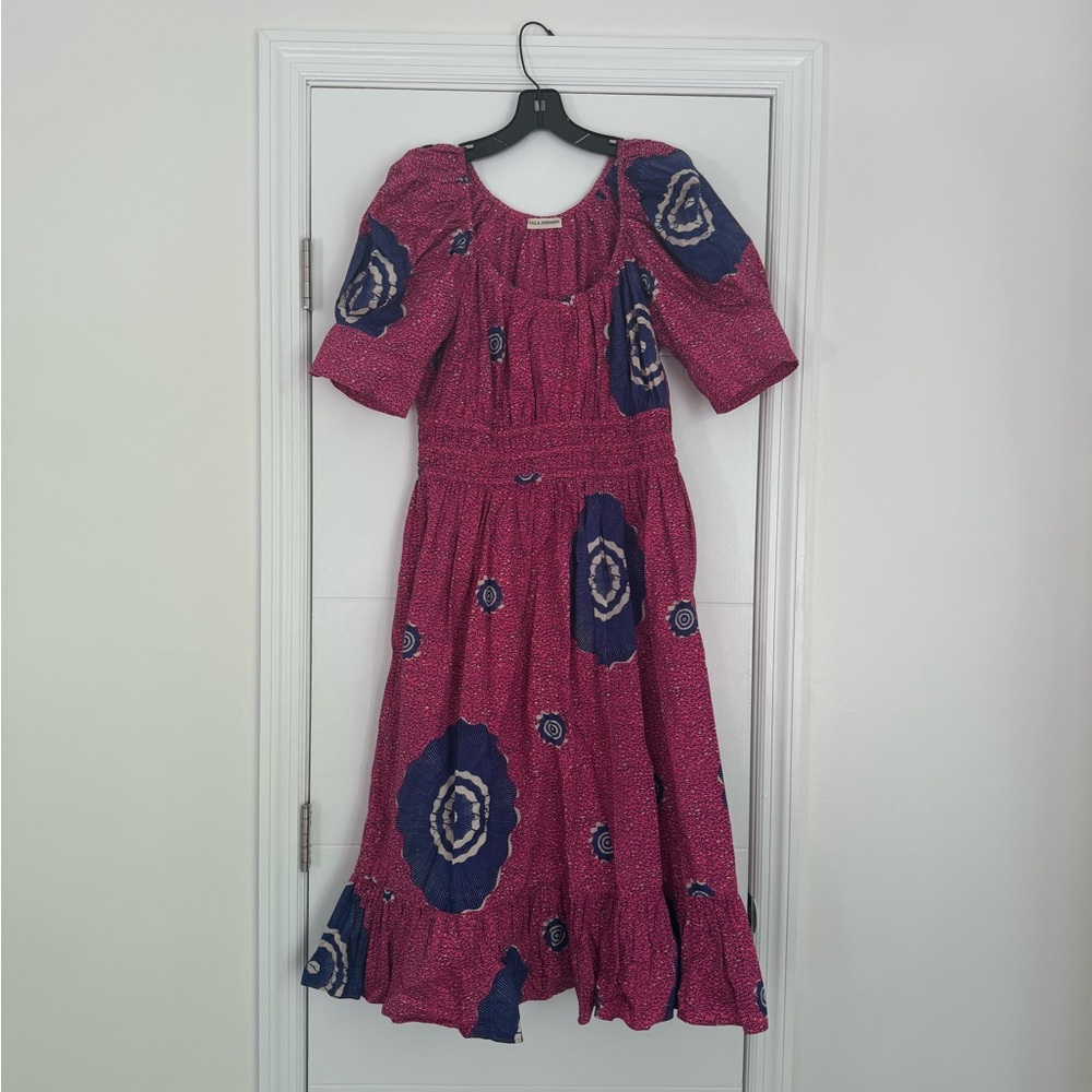 Ulla Johnson Women's Isla Midi Dress Puff Sleeve Tiered Ruffle Hem Pink Blue
